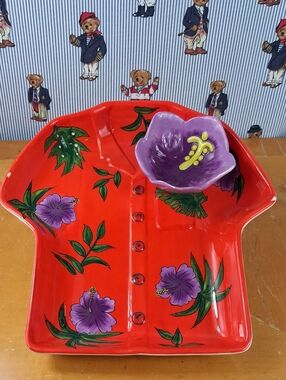 Ceramic Hawaiian Shirt Hibiscus Floral Patteren Med Sz Chip & Dip Food Platter